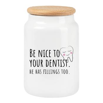 Be nice to your dentist - he has fillings too! - Keksdose mit Holzdeckel - Weiß - Vorne