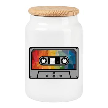 Cassette arc en ciel rétro - Boîte à biscuits avec couvercle en bois - blanc - Devant