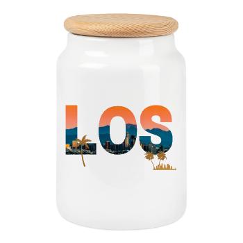 Los Angeles Sunset Cityscape - Cookie Jar with Wooden Lid - white - Front