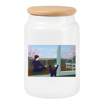 Balcony Zen with Cat - Cookie Jar with Wooden Lid - white - Front