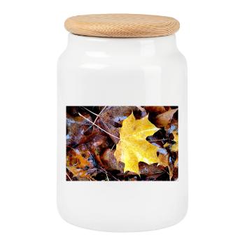 Yellow maple leaf also rainy autumn carpet - Cookie Jar with Wooden Lid - white - Front