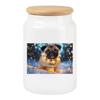 Cute Pug with Christmas Lights - Cookie Jar with Wooden Lid - white - Front