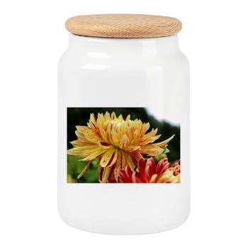 Dahlia Yellow Blossom ,Flower - Cookie Jar with Wooden Lid - white - Front