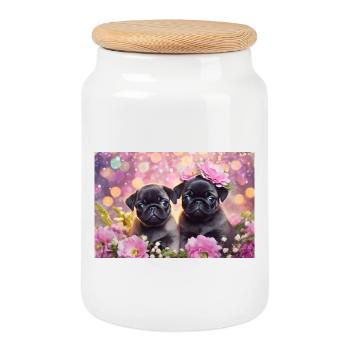 Petits chiens avec couronne de fleurs - Boîte à biscuits avec couvercle en bois - blanc - Devant