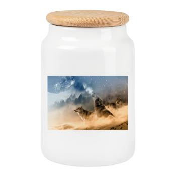 Wölfe heulen den Mond an / Schöne Wölfe - Keksdose mit Holzdeckel - Weiß - Vorne