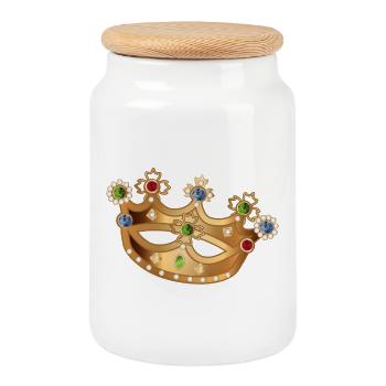 gold-coloured crown with gemstones and pearls - Cookie Jar with Wooden Lid - white - Front
