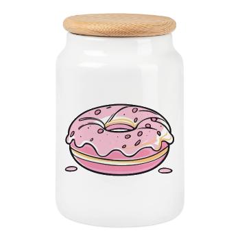Donut - pink - Cookie Jar with Wooden Lid - white - Front