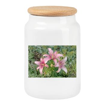 Pink Lily Blossom - Cookie Jar with Wooden Lid - white - Front
