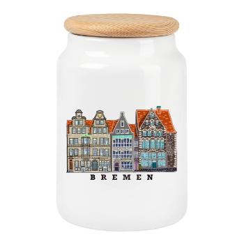Bremen, Germany, Drawing Houses Marketplace - Cookie Jar with Wooden Lid - white - Front