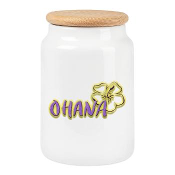 Ohana Fleurs d’hibiscus Logo violet fluo - Boîte à biscuits avec couvercle en bois - blanc - Devant