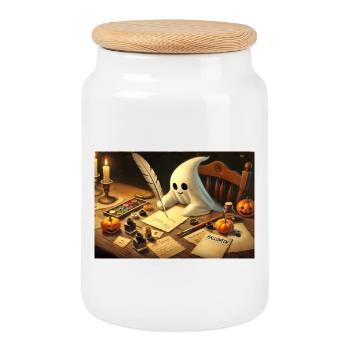 charming ghost writing halloween invitations - Cookie Jar with Wooden Lid - white - Front