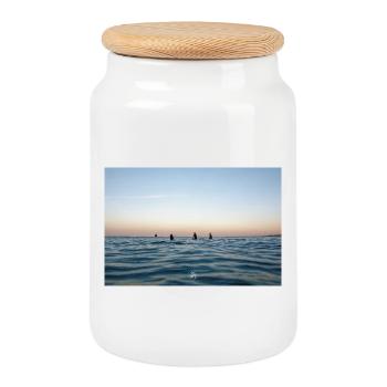 Crépuscule sur l’océan et surfeurs - Cookie Jar with Wooden Lid - white - Front