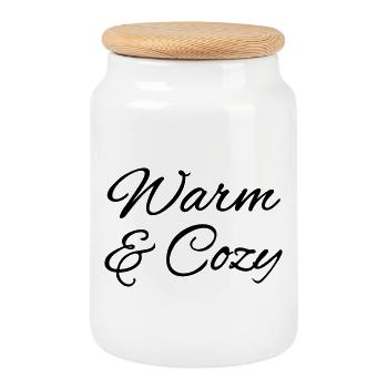 Warm & Cozy – Kuschlige Herbst & Winter Schriftzug - Keksdose mit Holzdeckel - Weiß - Vorne