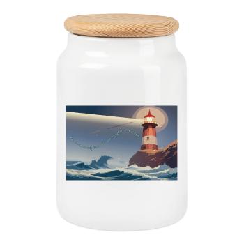 Lighthouse at night - Cookie Jar with Wooden Lid - white - Front