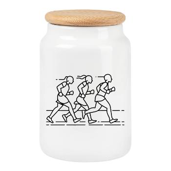Dessin au trait des coureurs - Boîte à biscuits avec couvercle en bois - blanc - Devant