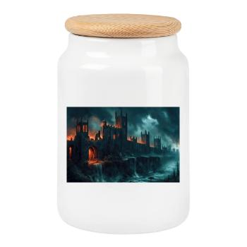 Poster Illustration Paysage médiéval en ruine - Boîte à biscuits avec couvercle en bois - blanc - Devant