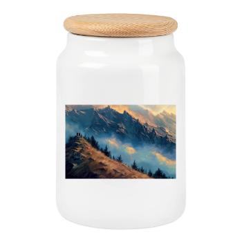 Poster Illustration Paysage de Montagne - Boîte à biscuits avec couvercle en bois - blanc - Devant