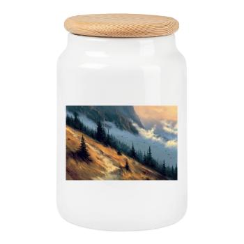 Mountain Landscape Illustration Poster - Cookie Jar with Wooden Lid - white - Front