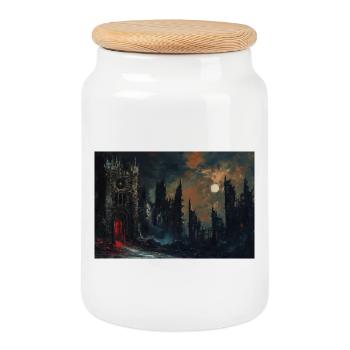 Poster Illustration Paysage médiéval en ruine - Boîte à biscuits avec couvercle en bois - blanc - Devant