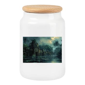 Poster Illustration Paysage jungle en ruine - Boîte à biscuits avec couvercle en bois - blanc - Devant