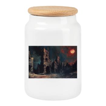 Poster Illustration Paysage médiéval en ruine - Boîte à biscuits avec couvercle en bois - blanc - Devant
