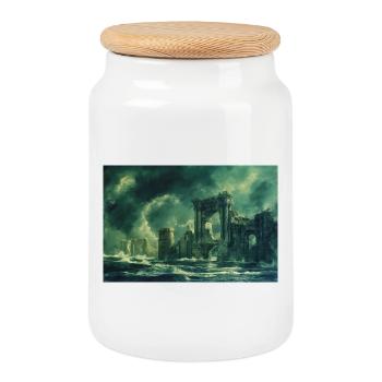 Ruined Landscape Illustration Poster - Cookie Jar with Wooden Lid - white - Front