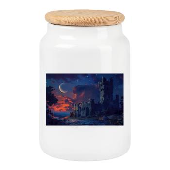 Poster Illustration Paysage médiéval en ruine - Boîte à biscuits avec couvercle en bois - blanc - Devant