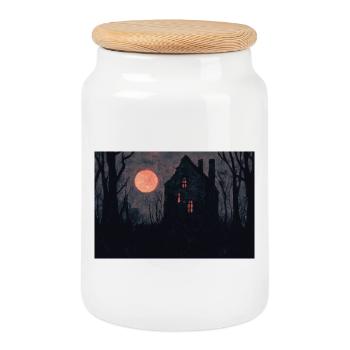 Haunted House Illustration Poster - Cookie Jar with Wooden Lid - white - Front