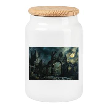 Poster Illustration Paysage médiéval en ruine - Boîte à biscuits avec couvercle en bois - blanc - Devant
