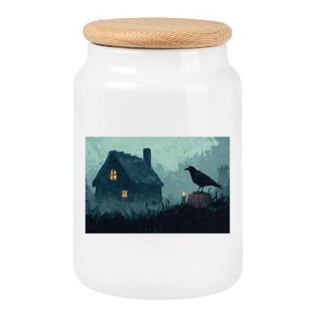 Haunted House Illustration Poster - Cookie Jar with Wooden Lid - white - Front