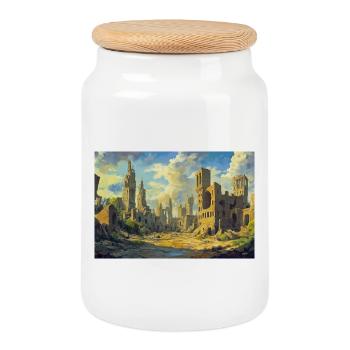 Poster Illustration Paysage médiéval en ruine - Boîte à biscuits avec couvercle en bois - blanc - Devant