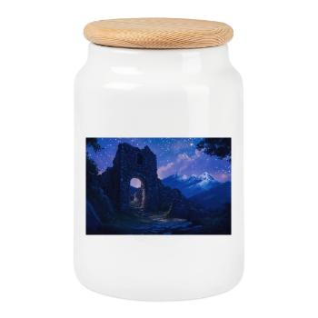 Poster Illustration Paysage médiéval en ruine - Boîte à biscuits avec couvercle en bois - blanc - Devant