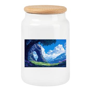 Poster Illustration Paysage de Montagne - Boîte à biscuits avec couvercle en bois - blanc - Devant