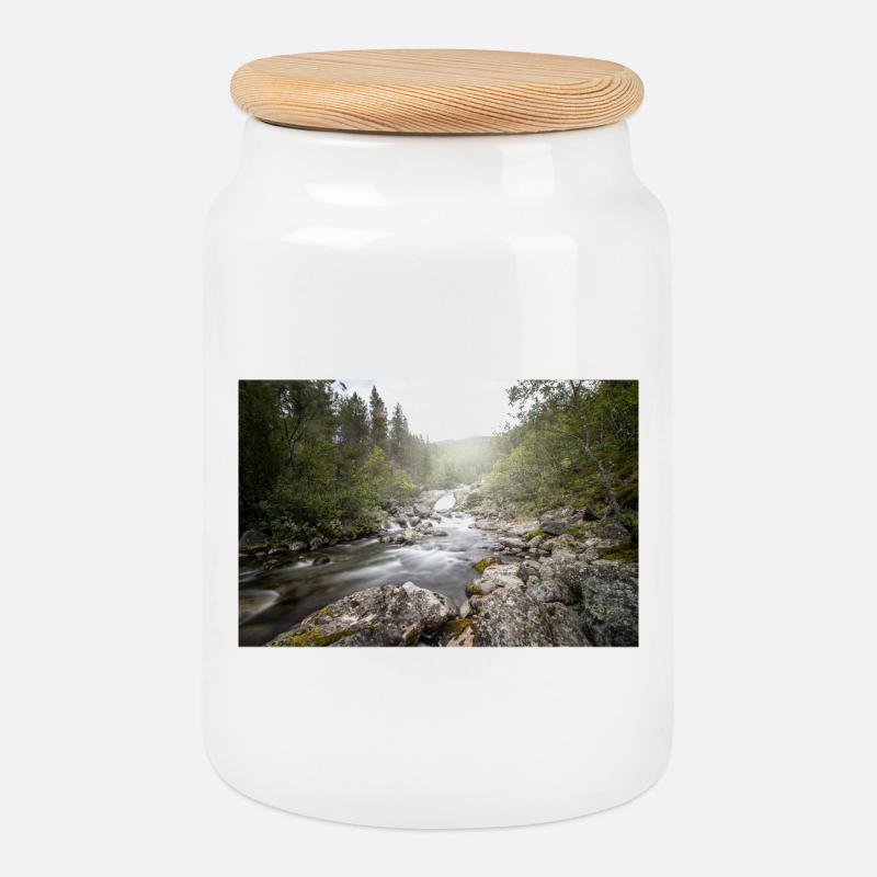 Flusslandschaft im Waldwald - Keksdose mit Holzdeckel - Weiß