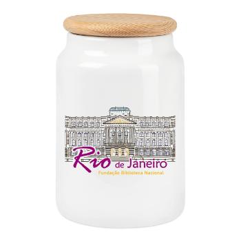 Rio de Janeiro, Brésil Bibliothèque de dessin à la main - Boîte à biscuits avec couvercle en bois - blanc - Devant