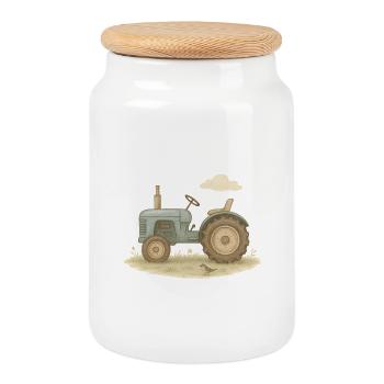 Blauer Oldtimer-Traktor - Keksdose mit Holzdeckel - Weiß - Vorne