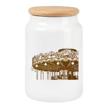 Gold Vintage Carousel Design - Cookie Jar with Wooden Lid - white - Front
