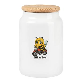 Biker bee with red motorcycle - Cookie Jar with Wooden Lid - white - Front