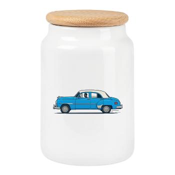 Classic London car in blue and white - Cookie Jar with Wooden Lid - white - Front