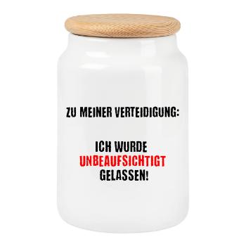 Unbeaufsichtigt gelassen, Warnung auf T-Shirt - Keksdose mit Holzdeckel - Weiß - Vorne