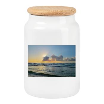 Sunset over the sea with clouds - Cookie Jar with Wooden Lid - white - Front