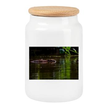 Swimming Silently Through Calm Green Water - Cookie Jar with Wooden Lid - white - Front