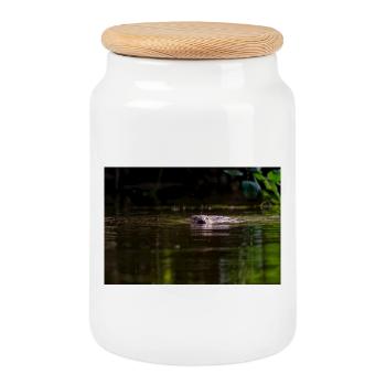 Beaver Swimming Toward Camera in Shallow Water - Cookie Jar with Wooden Lid - white - Front