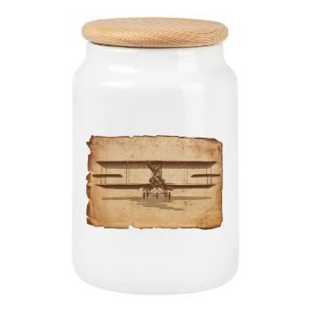 Vintage Flugzeug Illustration auf Altpapier - Keksdose mit Holzdeckel - Weiß - Vorne