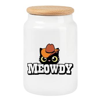 Katze mit Cowboyhut und Schilderschrift - Keksdose mit Holzdeckel - Weiß - Vorne