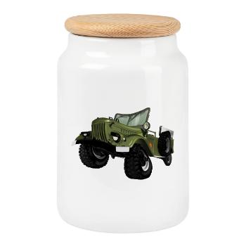 Olivgrüner Offroad Auto Druck - Keksdose mit Holzdeckel - Weiß - Vorne