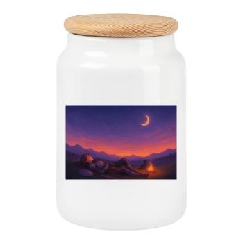 Moonlit Night Knight by the Fire - Cookie Jar with Wooden Lid - white - Front