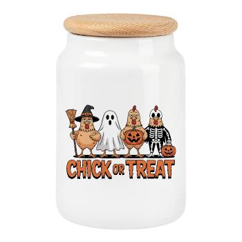Chicken Ghost Pumpkin Costume Print - Cookie Jar with Wooden Lid - white - Front