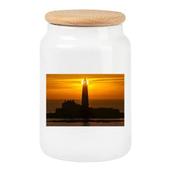 sunrise St Marys Lighthouse - Cookie Jar with Wooden Lid - white - Front