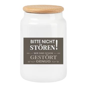 Bitte nicht stören – Wir sind gestört genug - Keksdose mit Holzdeckel - Weiß - Vorne